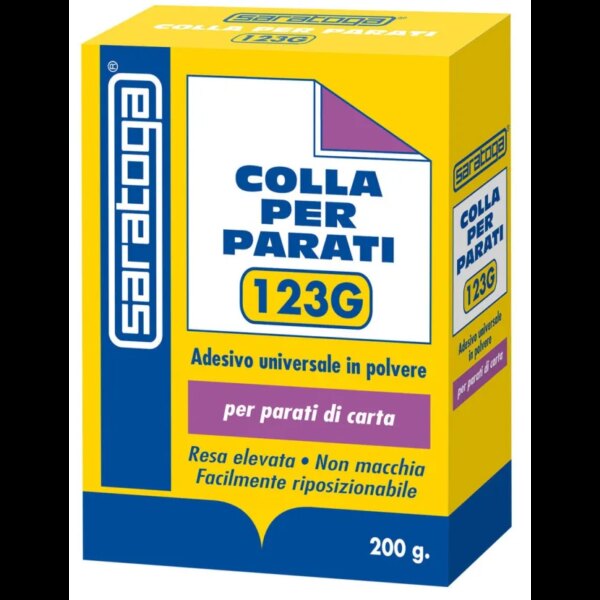 אריזת דבק טפטים Saratoga Colla per Parati 123G 200 גרם - דבק באבקה שקוף שאינו מכתים ומאפשר מיקום מחדש נוח עם הכנה מהירה תוך 5 דקות