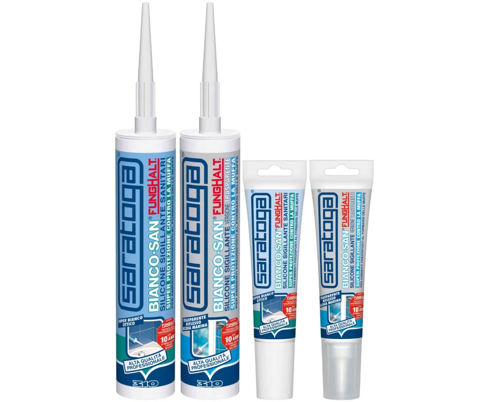 12e28d52f8b2ee5dd69f7bbda00eafe6 סיליקון נגד עובש SARATOGA BIANCO-SAN דגם FungHalt שקוף 280 מ"ל - סיליקון אצטי נגד עובש עם שקיפות מושלמת ואלסטיות גבוהה לסניטריים