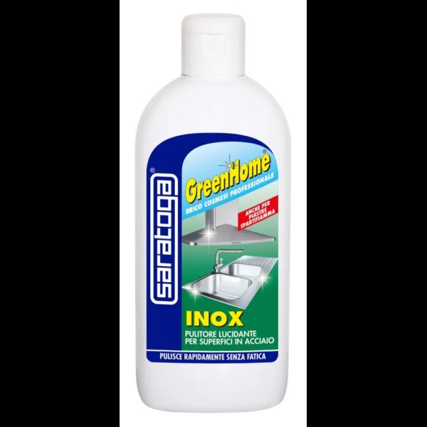 בקבוק נוזל ניקוי Saratoga GreenHome Inox 250 מ"ל - פורמולה מתקדמת המנקה ומבריקה משטחי נירוסטה במהלך אחד עם ניחוח נענע רענן וברק מקצועי