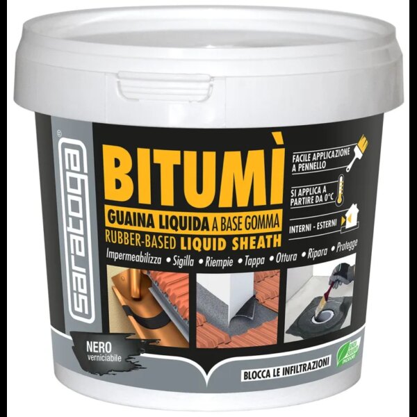 פח איטום נוזלי SARATOGA BITUMI GUAINA LIQUIDA 750 מ"ל - איטום ביטומי מתקדם עם גמישות יוצאת דופן ועמידות לטמפרטורות קיצון מ-30°C עד +100°C