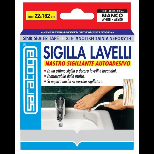 אריזת סרט איטום Saratoga דגם 57.411.001 באריזת בליסטר 22x182 ס"מ - סרט דביק מפלסטיק מיוחד עם גימור מבריק לאיטום מהיר של כיורי רחצה ומטבח