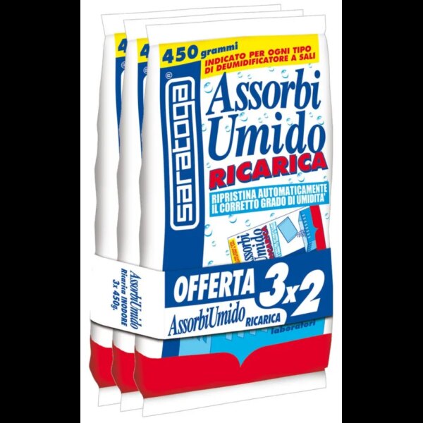 אריזת מילוי Saratoga AssorbiUmido דגם 93.612.001 כולל 3 שקיות 450 גרם - מילוי מקורי למכשיר סופח לחות עם פתיתי גביש לבנים ללא ריח וחומרים נדיפים