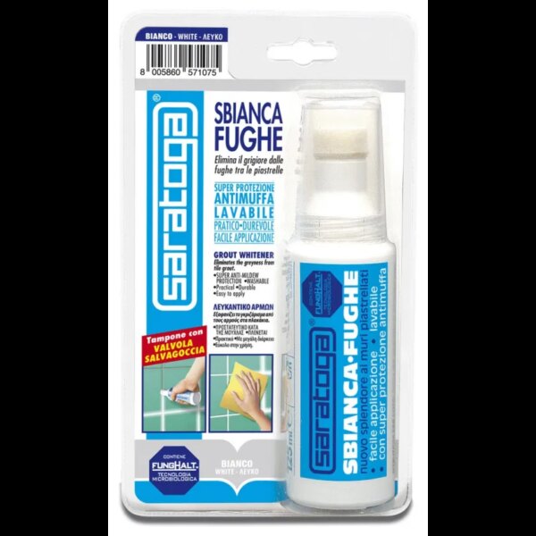 בקבוק מלבין פוגות Saratoga Sbianca Fughe דגם Funghalt 125ml - מסיר אפרוריות ומונע עובש בפוגות קרמיקה עם רפידה מיוחדת לשימוש מדויק