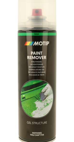 ספריי מסיר צבע MOTIP M410 500 מ"ל מק"ט 10589 דגם 8711347225729 במבנה ג'ל לסילוק שכבות צבע ישנות ממשטחי אבן בטון מתכת ועץ עם דפוס התזה רחב