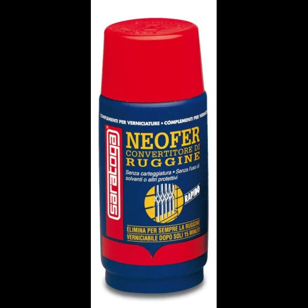 בקבוק ממיר חלודה SARATOGA NEOFER דגם FAST RUST CONVERTER 250 מ"ל - נוזל מתקדם החודר בין חלקיקי החלודה והופך אותם לשכבה בלתי פעילה ויציבה לצביעה