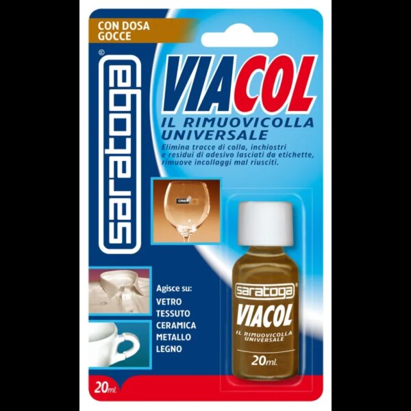 בקבוק מסיר דבק Saratoga Via-Col דגם 57.002.001 נפח 20ml - מסיר דבק אוניברסלי עם מינון טיפות מדויק לזכוכית בד קרמיקה מתכת ועץ