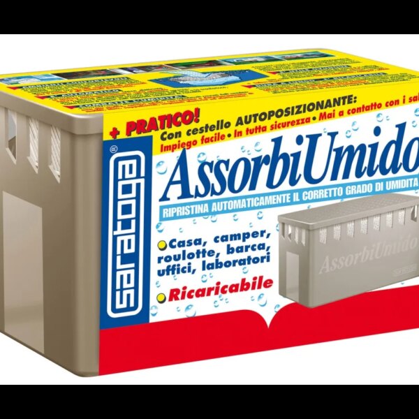מערכת מסיר לחות Saratoga AssorbiUmido דגם 93.600.001 כולל מכסה מגש איסוף ושקית מלחים 450 גרם - פתרון מתקדם ללחות עודפת בבתים סירות וקרוואנים